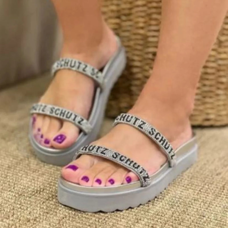 Sandalia feminina papete Sola baixa com brilhos rasteirinha flatform confortavel tiras de strass tendencia 2023