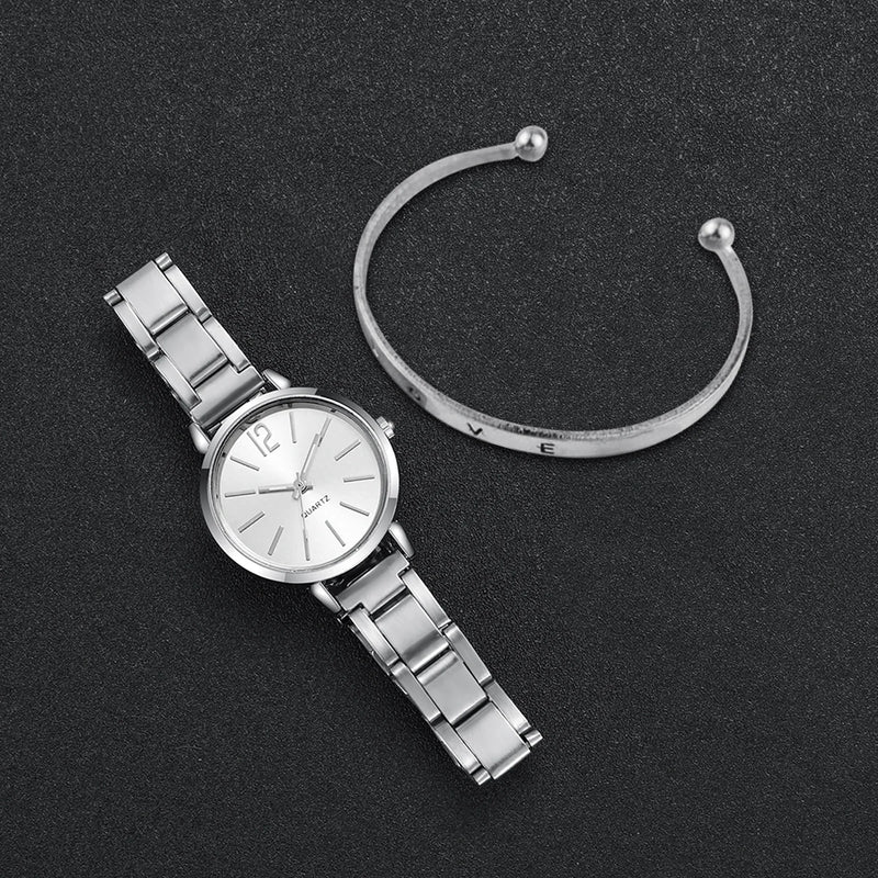 Fashion Women Watch Casual Simple Stainless Steel Quartz Watch Love Bracelet 2PCs Set Temperament Wearing Style